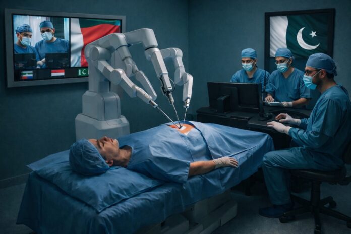Robotic surgical system performing a remote operation in a hospital operating theatre in Pakistan