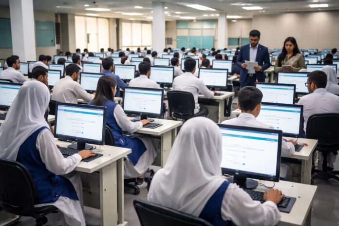 Students appearing in digitally monitored examinations under Punjab’s new education reforms in Pakistan