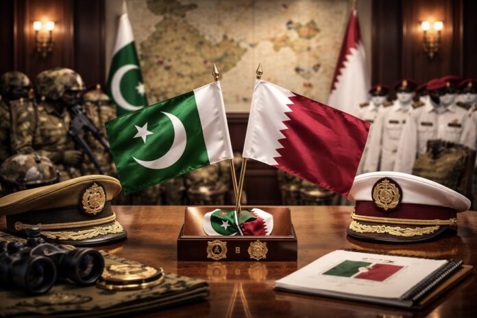 Pakistan and Qatar flags displayed in a symbolic defence cooperation setting