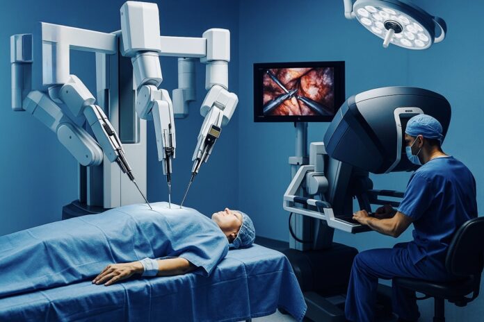 Robotic surgical system in operation with a surgeon performing a minimally invasive procedure in a hospital setting