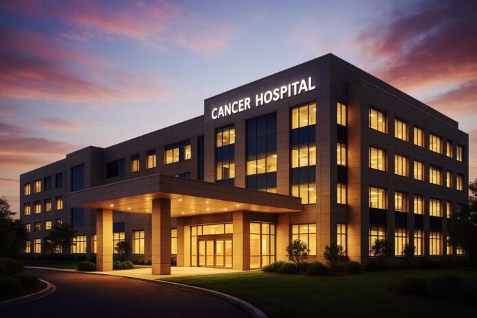 Exterior view of a modern cancer hospital building planned in Islamabad