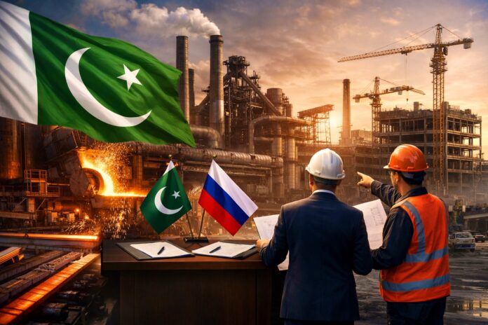 Pakistan and Russia flags displayed at an industrial site symbolising cooperation to revive Pakistan Steel Mills