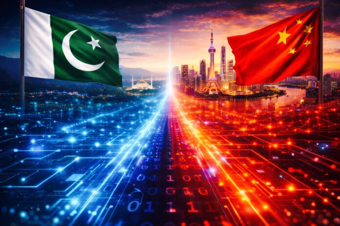 Pakistan and China flags symbolising digital cooperation and the Digital Corridor project