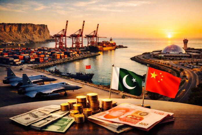 Gwadar port infrastructure with Pakistan and China flags symbolising direct RMB–PKR trade and currency reform