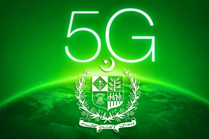 5G graphic with Pakistan national emblem symbolising approval of a live-broadcast spectrum auction