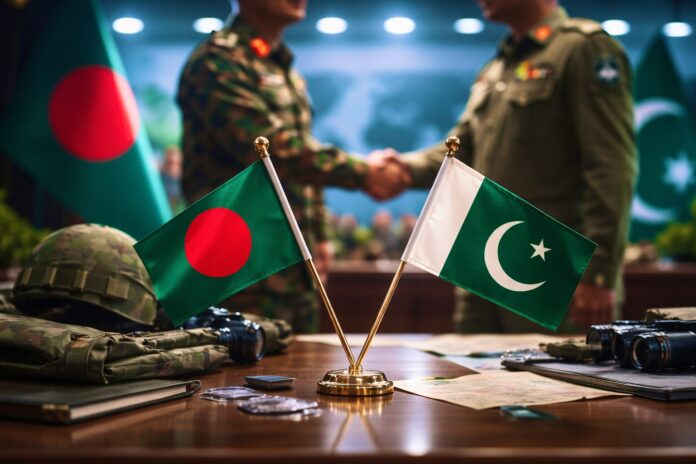 Pakistan and Bangladesh flags displayed during a symbolic military cooperation setting