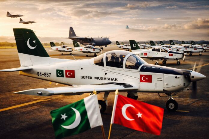 PAC Super Mushshak trainer aircraft on a training runway