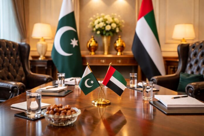 Pakistan and UAE flags displayed during talks on travel and immigration cooperation.