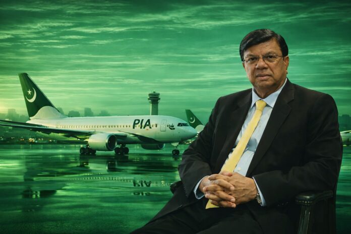 Arif Habib pictured with Pakistan International Airlines aircraft after privatization signing