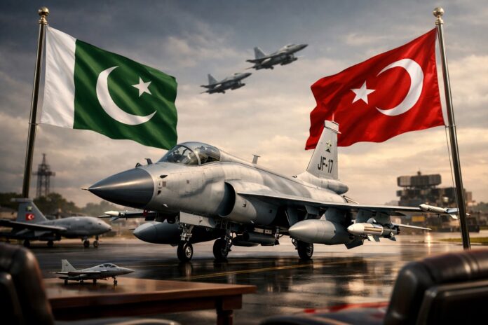Pakistani JF-17 fighter jet displayed with Turkish and Pakistani flags during defence talks