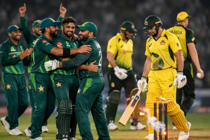 Pakistan players celebrate as Australia lose wickets during first T20I in Lahore