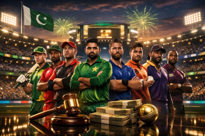 PSL 11 auction concept showing international cricketers and bidding atmosphere