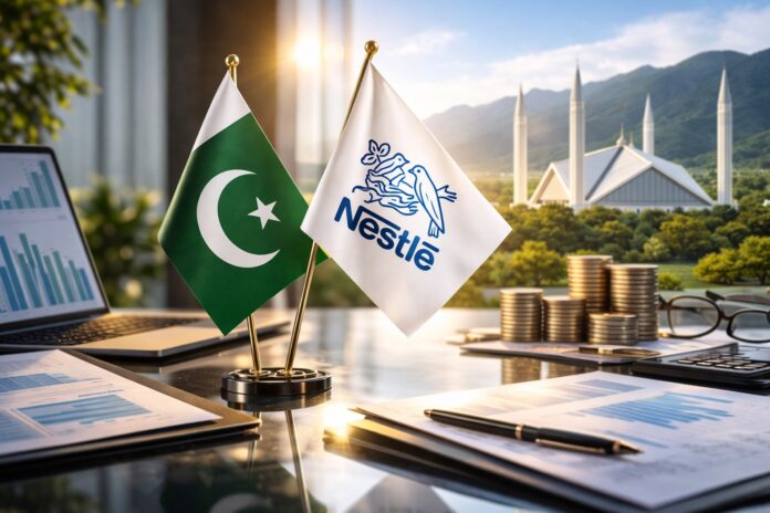 Nestlé and Pakistan flags displayed during business meeting highlighting new investment plans
