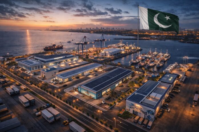 Karachi coastline with Pakistan flag and modern seafood processing and export facilities