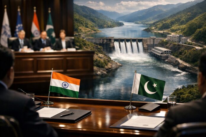 India Pakistan water dispute arbitration hearing with dam backdrop