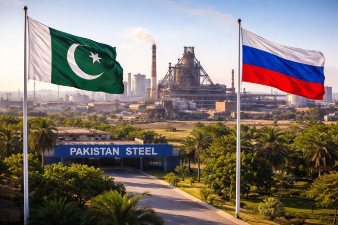 Pakistan Steel Mills complex in Karachi with Pakistan and Russia flags during revival planning