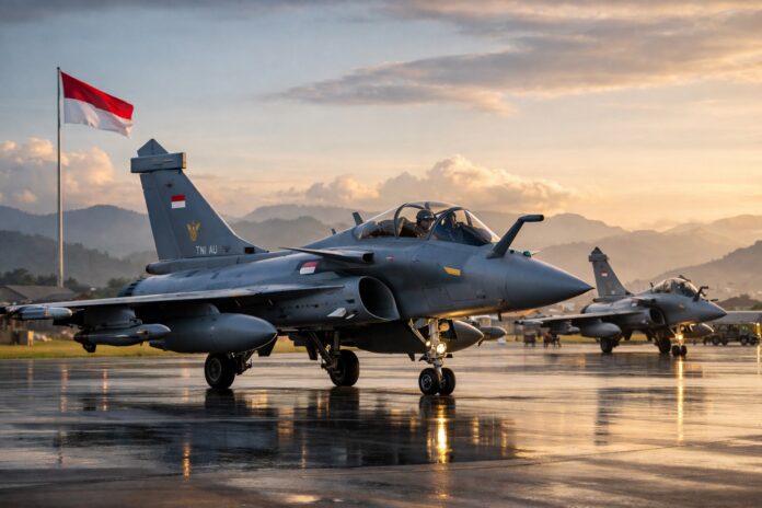 Indonesian Air Force Rafale fighter jets parked at an air base after delivery from France