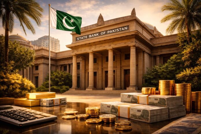 State Bank of Pakistan building with currency and coins representing monetary policy decision