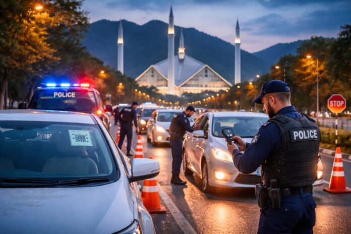 Islamabad police conduct vehicle checks using electronic tagging system at a city checkpoint