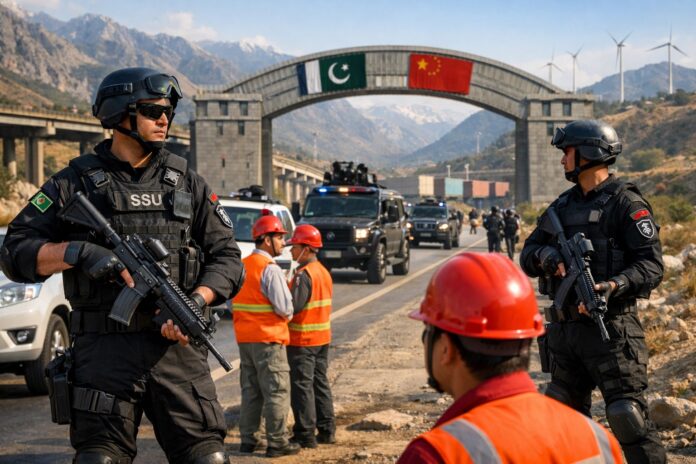 Pakistani security personnel guard Chinese workers near a CPEC infrastructure site