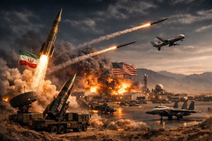 Iran missile launch illustration showing US military assets amid regional tensions