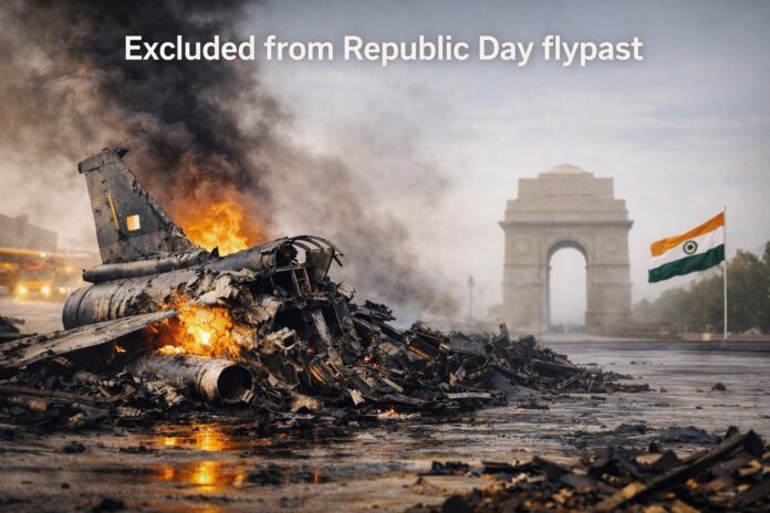 Wreckage of an Indian Tejas fighter aircraft shown after an aviation incident