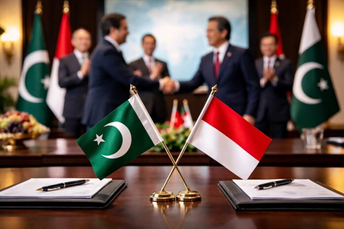 Flags of Pakistan and Indonesia on a table symbolizing a joint trade agreement and economic cooperation.