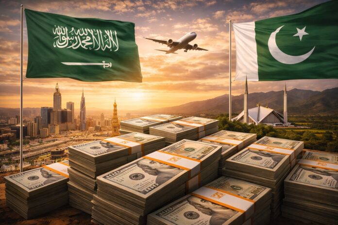 Saudi Arabia and Pakistan economic connection symbolizing remittances flow from Saudi Arabia to Pakistan