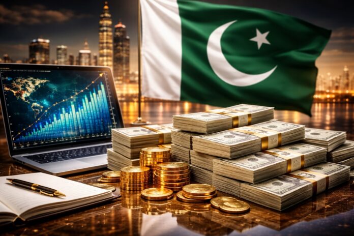 Stacks of currency and financial growth chart symbolising rising remittances to Pakistan