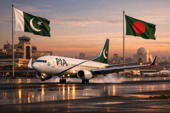 Illustration of Pakistan and Bangladesh flags with passenger aircraft symbolizing restored direct flights