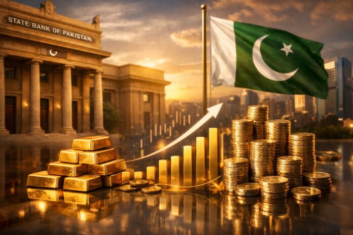 State Bank of Pakistan building with currency notes showing CRR reduction