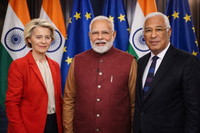 Indian Prime Minister Narendra Modi with EU leaders after India EU free trade agreement announcement