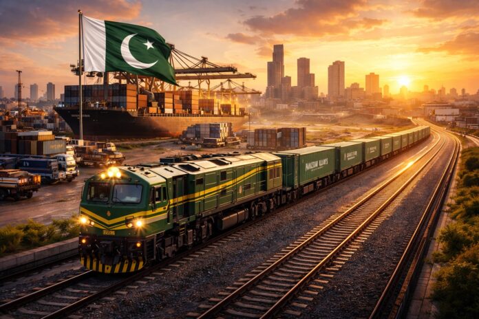 Pakistan Railways freight train at Karachi Port as ML-1 rail modernisation project prepares to boost cargo transport
