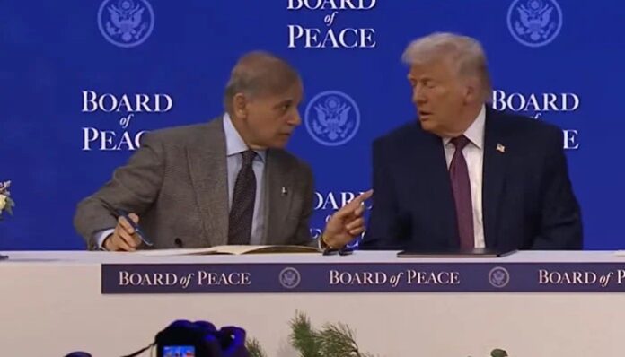 Pakistan Prime Minister Shehbaz Sharif and US President Donald Trump at Gaza Board of Peace signing in Davos
