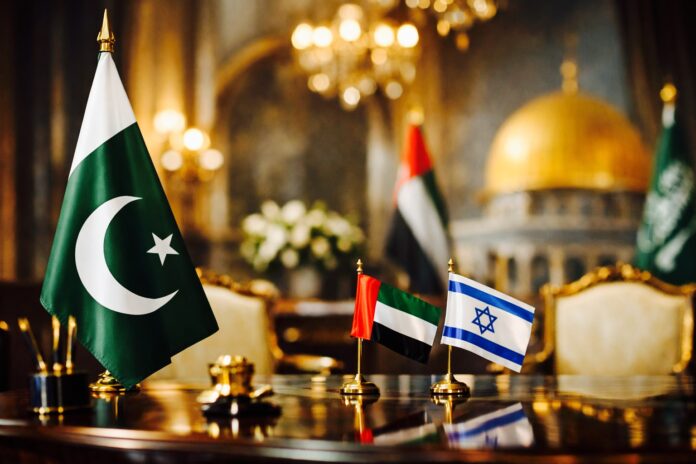 Pakistan, UAE and Israel desk flags during diplomatic meeting setting