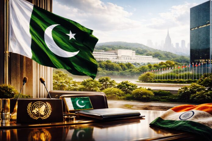 Pakistan flag at UN podium during Security Council session on India tensions