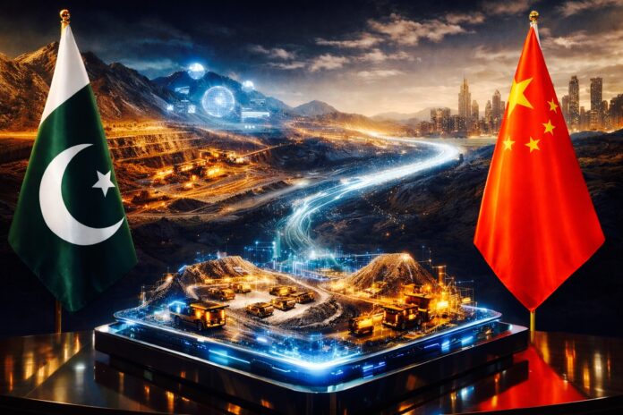 Pakistan and China flags with digital mining landscape symbolizing e-mining cooperation