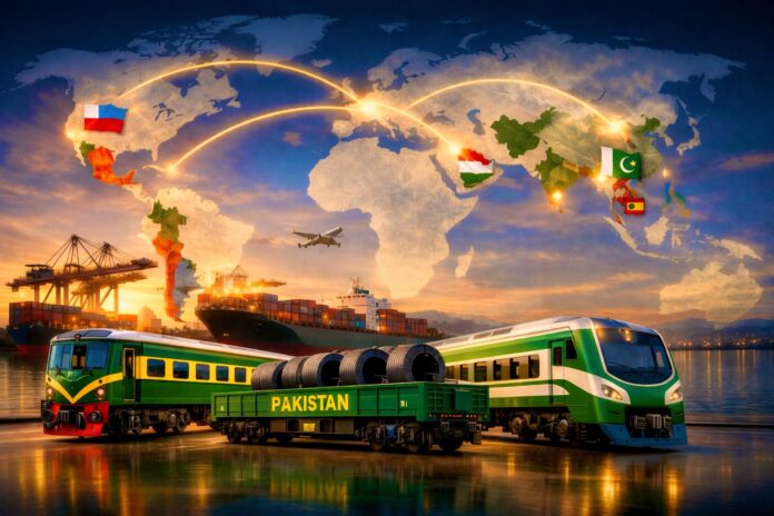 Pakistan Railways trains and export cargo shown with global trade routes