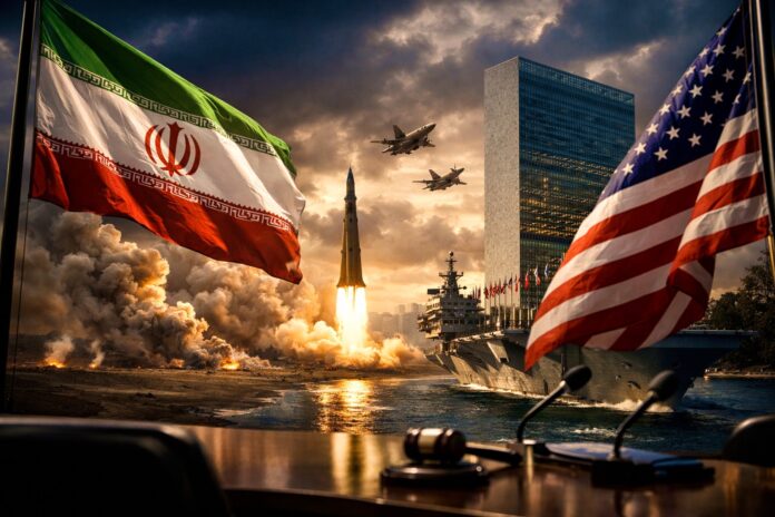 Iran and US flags with military imagery symbolising rising tensions and warnings of retaliation