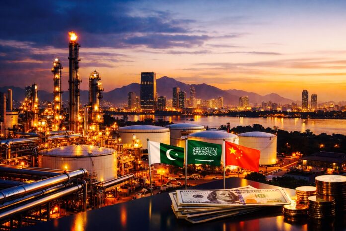 Pakistan refinery complex with national flags during energy investment talks