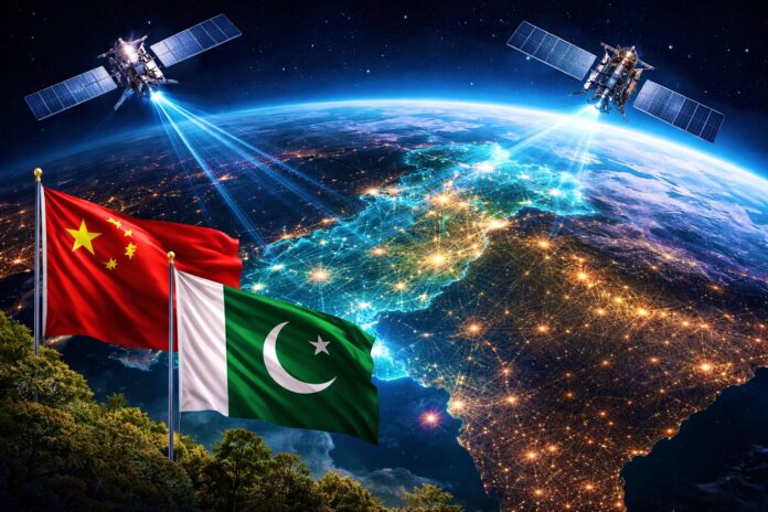 China and Pakistan satellite connectivity partnership illustration over South Asia