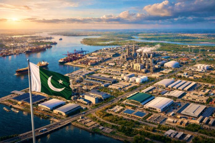 Aerial view of Port Qasim industrial area with Pakistani flag and port infrastructure