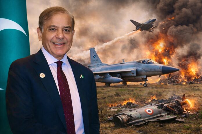 Prime Minister Shehbaz Sharif with Pakistani fighter jets highlighting defence success after Ma’arka-e-Haq