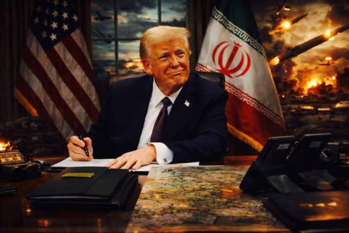 Donald Trump speaking at the White House with US and Iranian flags in the background amid rising tensions.