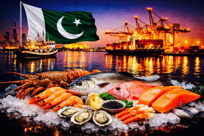 Pakistan seafood exports displayed with fish and shellfish at a port with cargo ships.