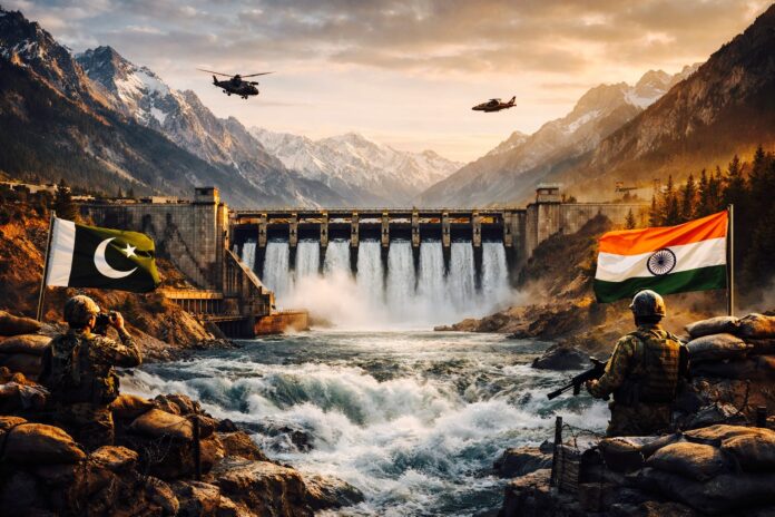 Pakistan and India flags shown near a river and dam amid tensions over water sharing.