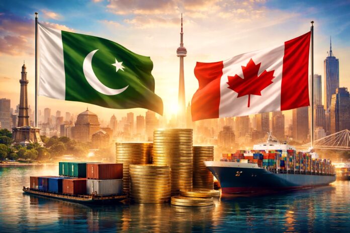 Pakistan and Canada flags with shipping containers and cargo vessel symbolizing trade growth.