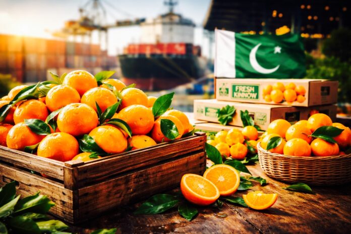 Fresh Pakistani kinnow oranges packed for export at a seaport with cargo containers in the background