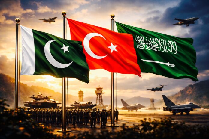 Flags of Pakistan, Türkiye and Saudi Arabia displayed against a military backdrop
