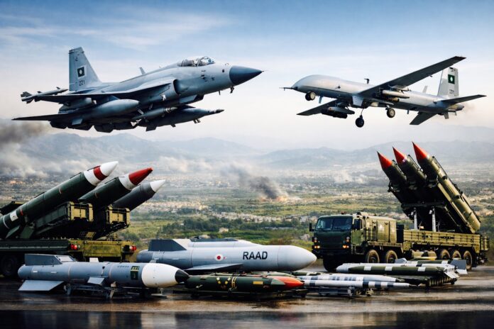 Pakistani fighter jets, drones and missile systems displayed as part of the country’s defence industry
